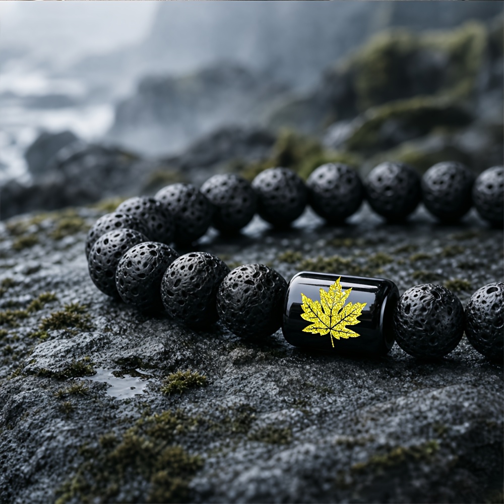 Natural Stone Beaded Bracelet with Golden Maple Leaf
